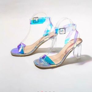 Holographic Open Toe Ankle Strap Heels